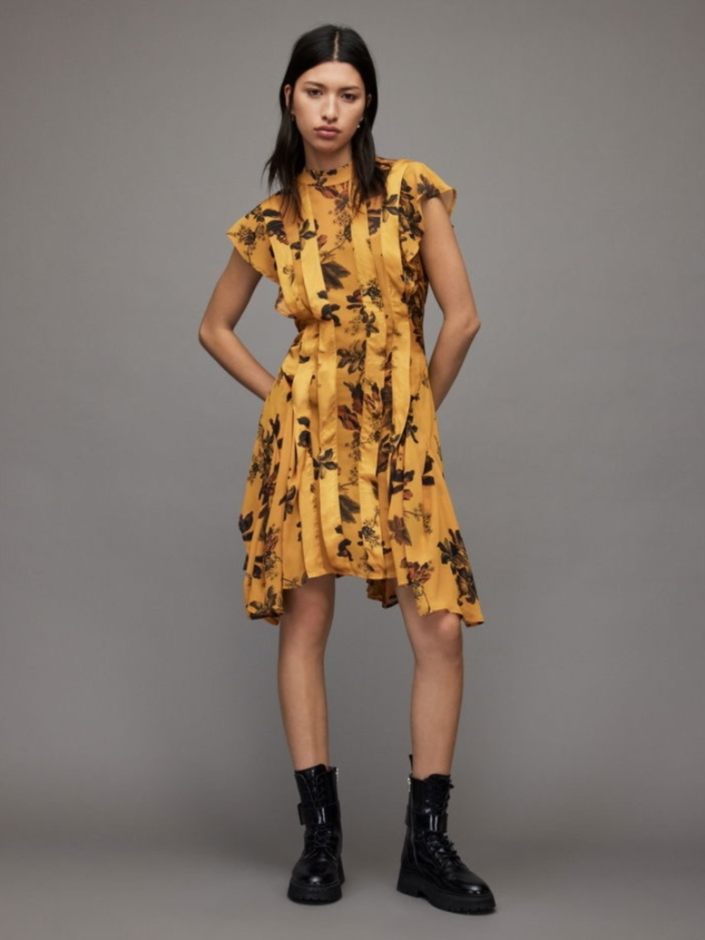 NWT ALLSAINTS Fleur Lilly Dress in Gold Floral Size US 6 UK 10